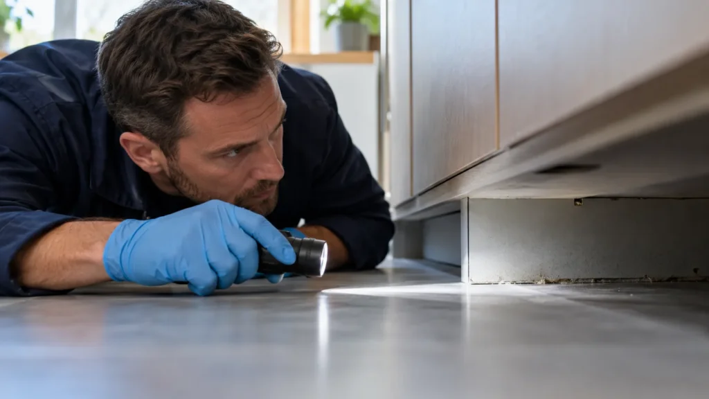 Ongediertebestrijding Utrecht: bestrijder inspecteert een kier onder het keukenkastje